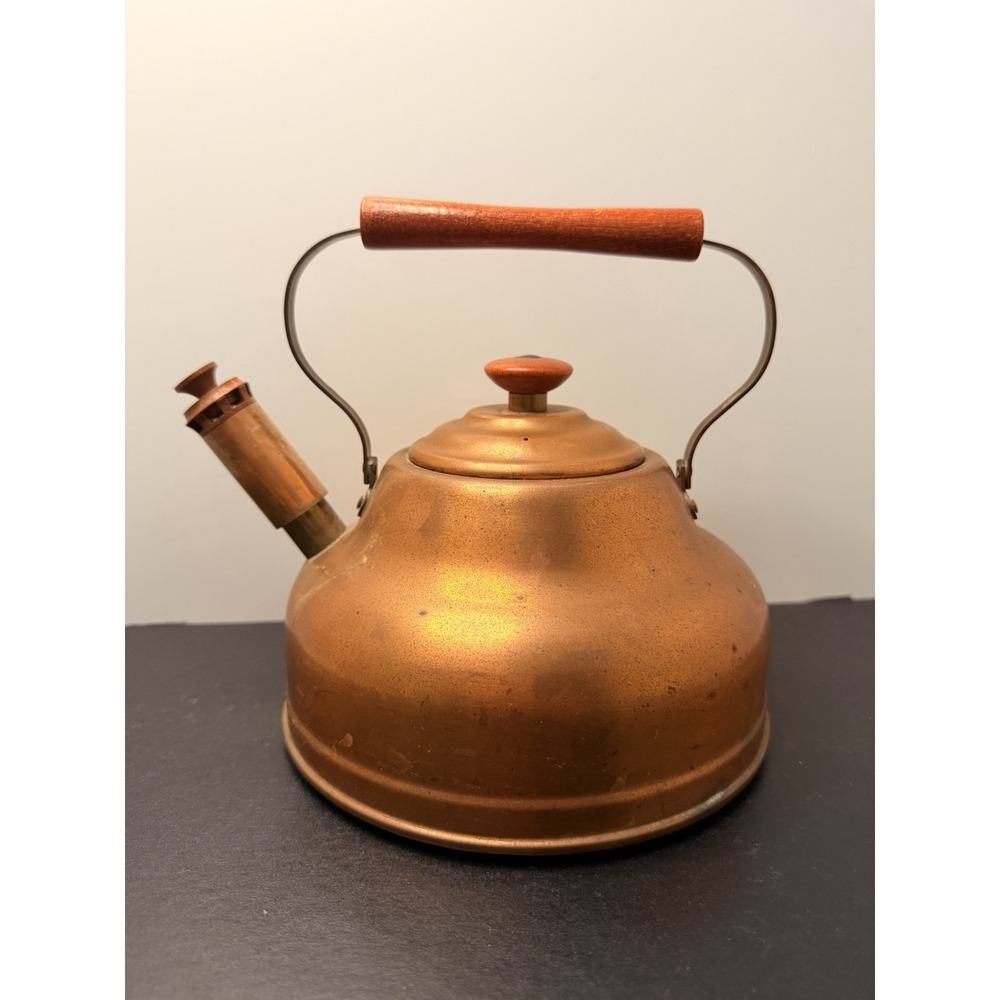 Vintage Copper Tea Kettle Whistling Tea Pot Wood Handle Brass